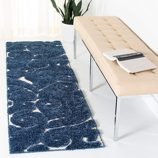 SAFAVIEH Florida Shag Collection Runner Rug - 2'3" x 11', Dark Blue & Cream, Scroll Design, Non-Shedding & Easy Care, 1.2-inch Thick Ideal for High Traffic Areas in Living Room, Bedroom (SG455-6511)
