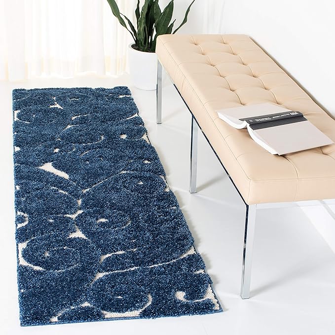 SAFAVIEH Florida Shag Collection Runner Rug - 2'3" x 15', Dark Blue & Cream, Scroll Design, Non-Shedding & Easy Care, 1.2-inch Thick Ideal for High Traffic Areas in Living Room, Bedroom (SG455-6511)