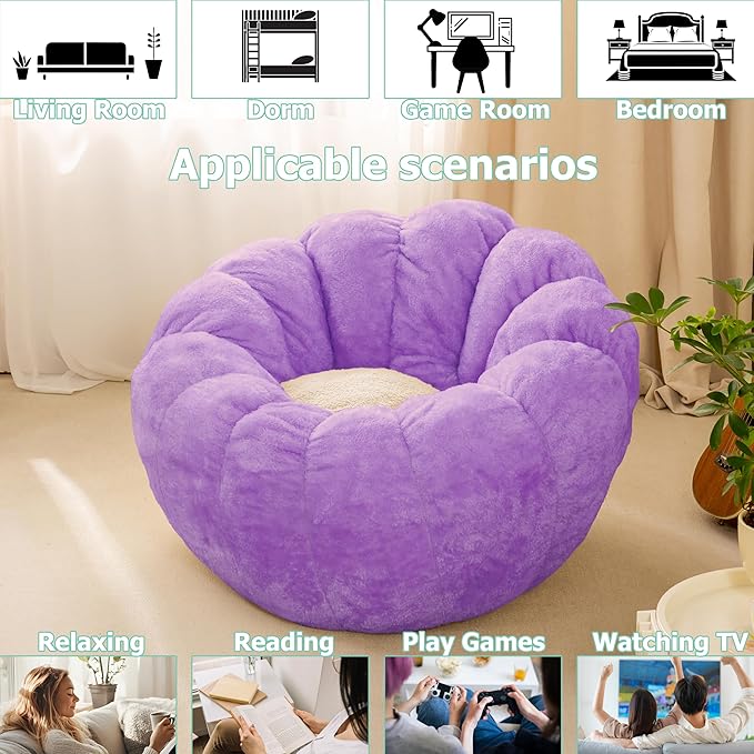 Pumpkin Bean Bag Sofa Chair, Bean Bag Chair with Filler for Teens, Kids, Toddler, Comfy and Lazy Sofa for Dorm, Apartment, Living Room and Bedroom, Violet