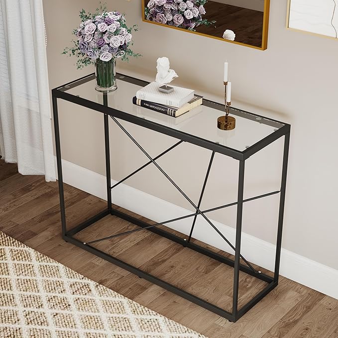 OIOG Glass Console Table for Entryway, Modern Sofa Table with Temperes Glass Tabletop and Black Frame, Black Entryway Table for Living Room, Foyer, Dining Room, Hallway, Office