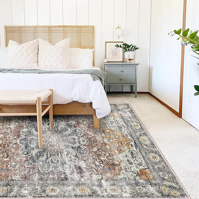 Area Rug 4x6 Washable Rug Taupe Vintage Traditional Floor Cover Foldable Thin Retro Accent Indoor Distressed Non Slip Carpet Floral Print Mat Bedroom Living Room Bathroom