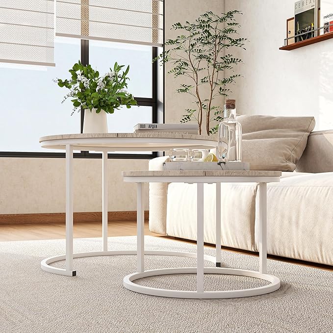 Round Coffee Table Set of 2 End Tables for Living Room,Modern White Coffee Table Nesting Tables,Living Room Tables Wood Furniture Metal Frame,Sturdy Stacking Side Tables,Easy Assembly,Oak