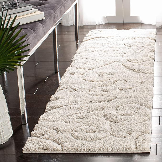 SAFAVIEH Florida Shag Collection Runner Rug - 2'3" x 7', Creme & Creme, Scroll Design, Non-Shedding & Easy Care, 1.2-inch Thick Ideal for High Traffic Areas in Living Room, Bedroom (SG455-1111)