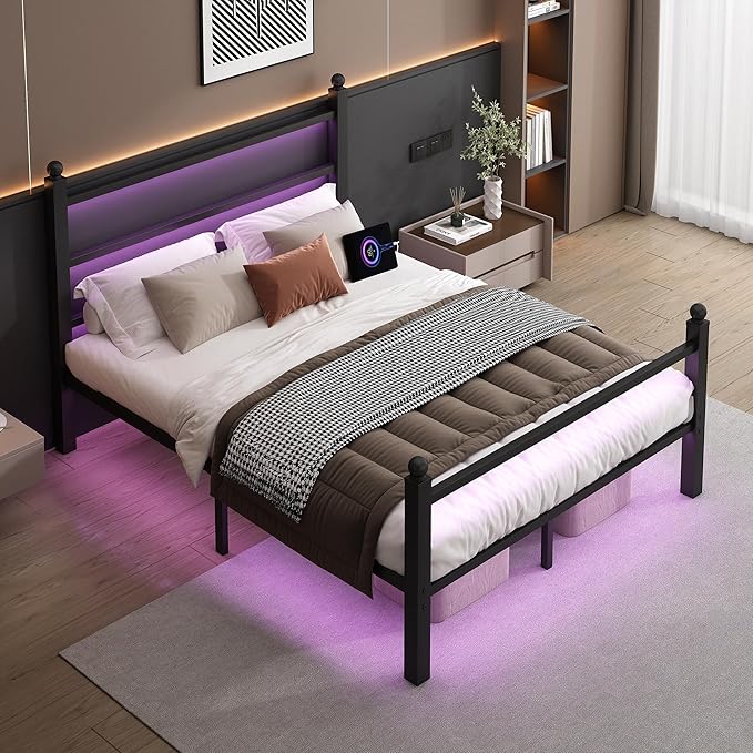 Full Size Bed Frame with Headboard and Footboard,Steel Slats Support-LED Bed Frame with USB Charging Station,Mattress Foundation-Under Bed Storage, No Box Spring Needed,Noise Free,Black