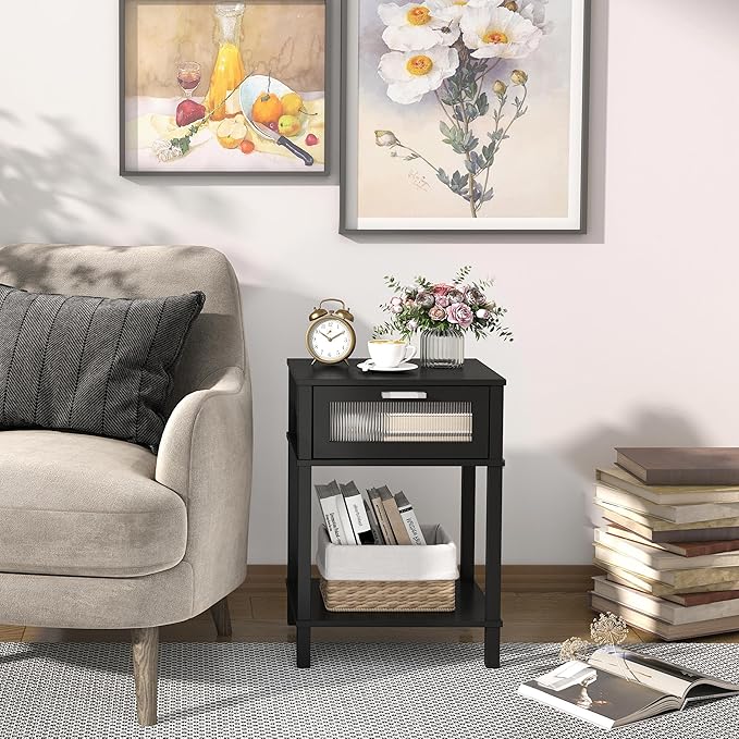 Nightstand Wooden Bedside Table with Drawer Black Night Stands Modern Style Small End Table Side Table with Storage Shelf for Bedroom Living Room MLBZ10B
