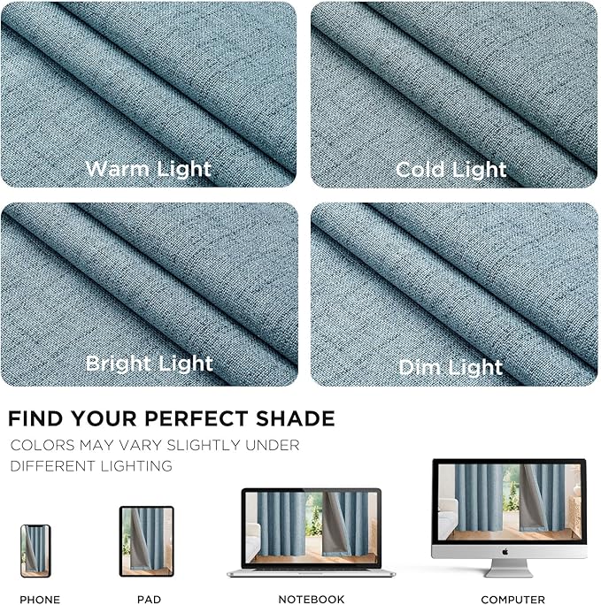 Joydeco 100% Blackout Curtains for Bedroom - Natural Linen Curtains 90" L Long, Thermal Insulated 2 Panels Sky Blue Light Blocking Drapes, Rod Pocket & Back Tabs, Darkening Privacy for Living Room