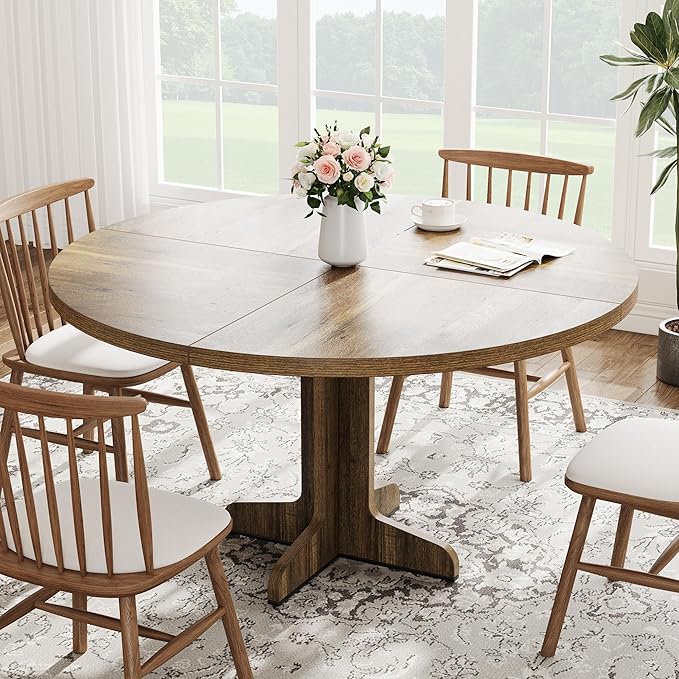 Garvee 47 Inch Round Dining Table for 4, Farmhouse Kitchen Dining Room Circle Dinner Table, Kitchen Dining Room Furniture, Brown (Table Only)