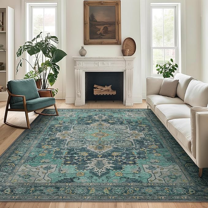 GENIMO 8x10 Area Rugs for Living Room, Machine Washable Non Slip Vintage Rugs, Low Pile Lightweight Chenille Print Rug for Bedroom, Dining Room, Home Office, Dark Green