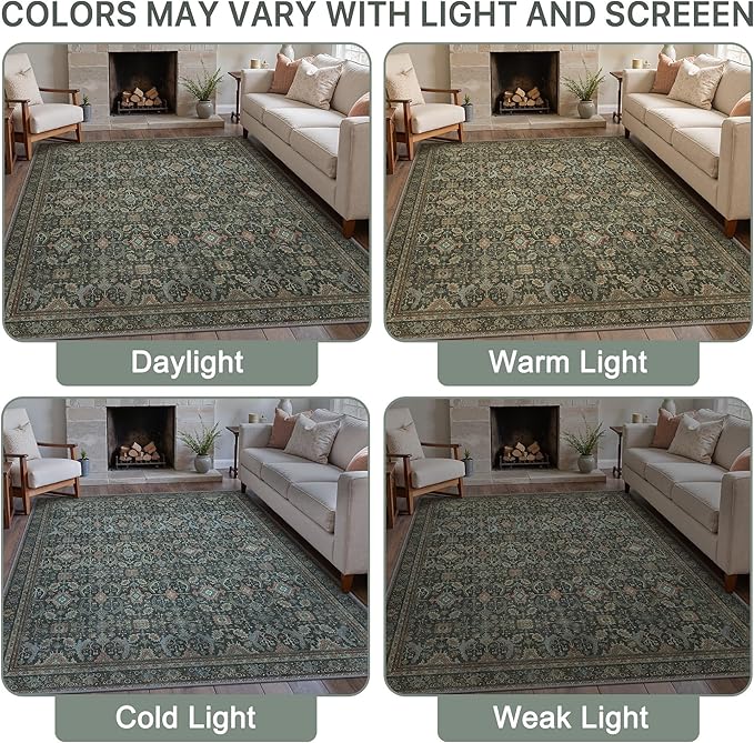 10X12 Area Rugs Machine Washable Rugs for Living Room, Vintage Boho Large Rugs for Bedroom Dining Room, Non Slip Indoor Soft Distressed Lightweight Thin Low Pile Carpet, Black
