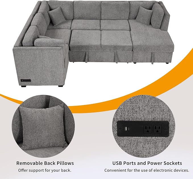 Ball & Cast 108.6" Sleeper Sectional Pull Out Sofa with 2 USB Ports,Two Power Sockets,Versatile U-Shape Couch w/ 3 Back Pillows and Storage Chaise,for Living Room,Office,Apartment,Light Gray