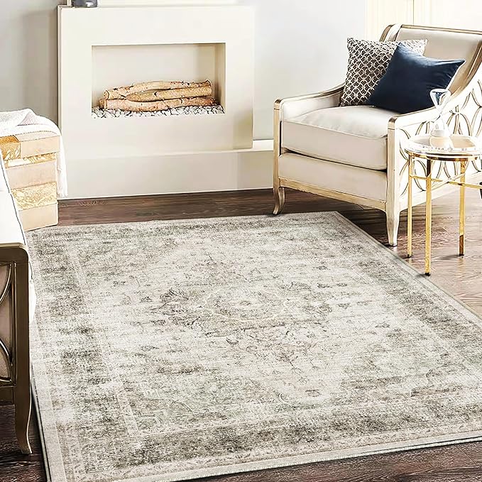 Washable Area Rug 4'x6' Floral Khaki Traditional Floor Cover Foldable Thin Rugs Retro Kitchen Indoor Distressed Non Slip Carpet Floral Print Mat Bedroom Living Room