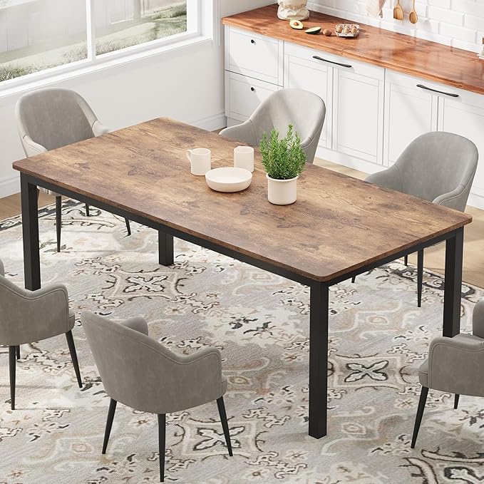 GarveeHome 70.8in Industrial Dining Table for 6, Wooden Long Dinner Table with Mortise Tenon Design, Kitchen Table with Sturdy Metal Legs, for Dining Room Home Office Living Room, Retro