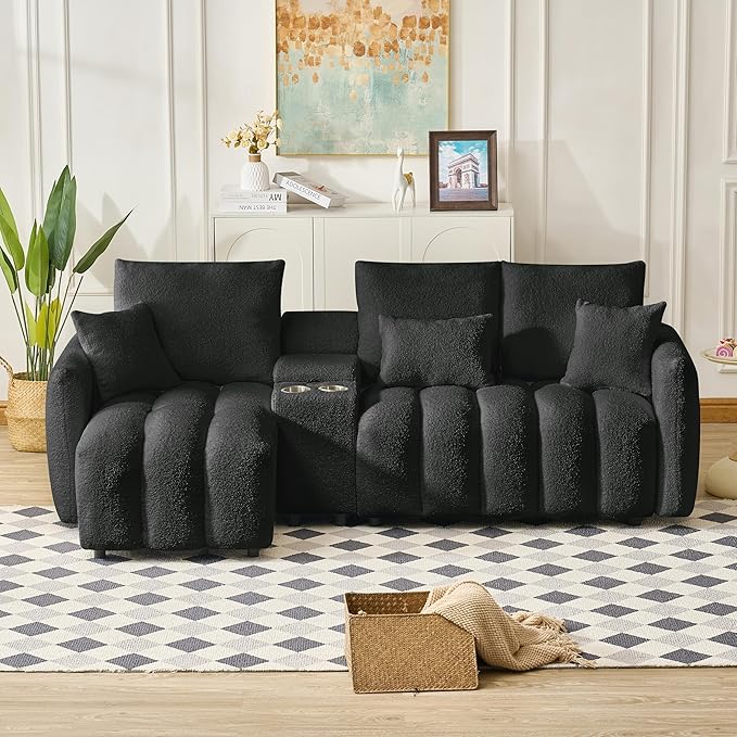 92-Inch Teddy Boucle Tufted Sofa Couch with Storage Console and Chaise Lounge, L-Shaped Left Facing Corner Sectional Sofa Couch with Cupholders, USB Ports and Golden Accent for Living Room Office