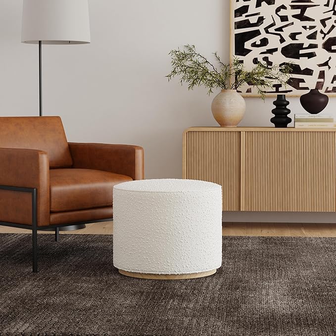 Bouclé Ottoman with Wooden Base – 22” Round Upholstered Footrest, Cream Textural Fabric, Modern Accent Stool for Living Room & Bedroom