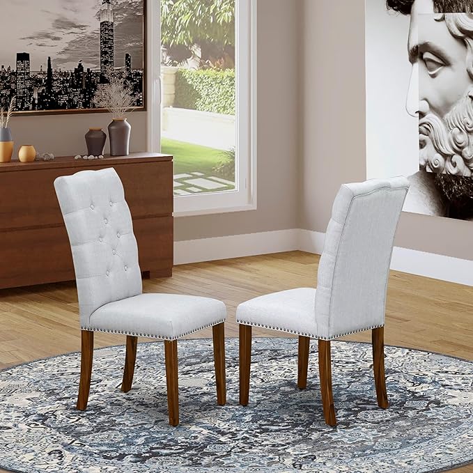 East West Furniture ELP8T05 Elsa Parson Dining Chairs - Button Tufted Nailhead Trim Grey Linen Fabric Upholstered Chairs, Set of 2, Walnut