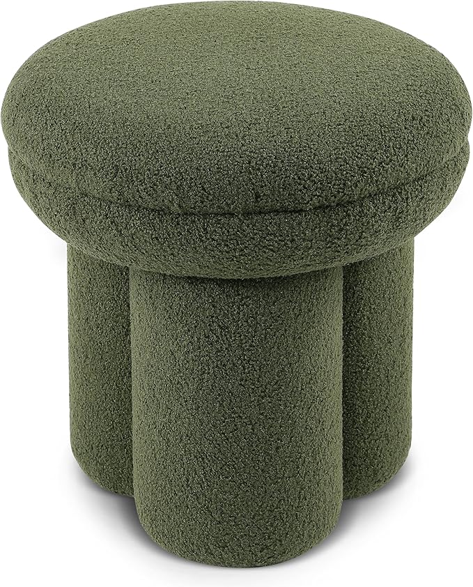 Furniture of America Rami Modern 18-inch Mushroom-Shape Upholstered Ottoman with Tri-Pillar Pedestal, Vanity Stool Chair, Small Foot Stool for Bedroom, Living Room, Entryway, Green
