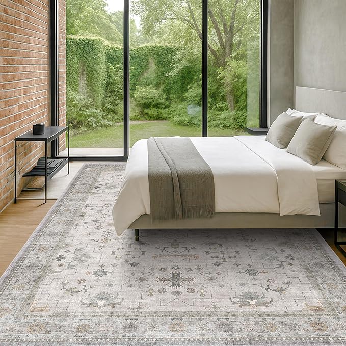 Boho Light Grey Living Room Rug 9x12 - Modern Vintage Eclectic Floral Pastel Neutral Taupe, Washable Low Pile Non-Slip Extra Large Area Rugs for Dining Under Table Bedroom