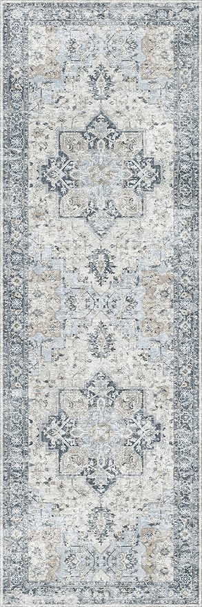 GENIMO Runner Rug 2x5, Machine Washable Non Slip Vintage Runner Rug, Low Pile Lighrweight Rugs for Entryway, Hallway, Kitchen and Corridor, Blue
