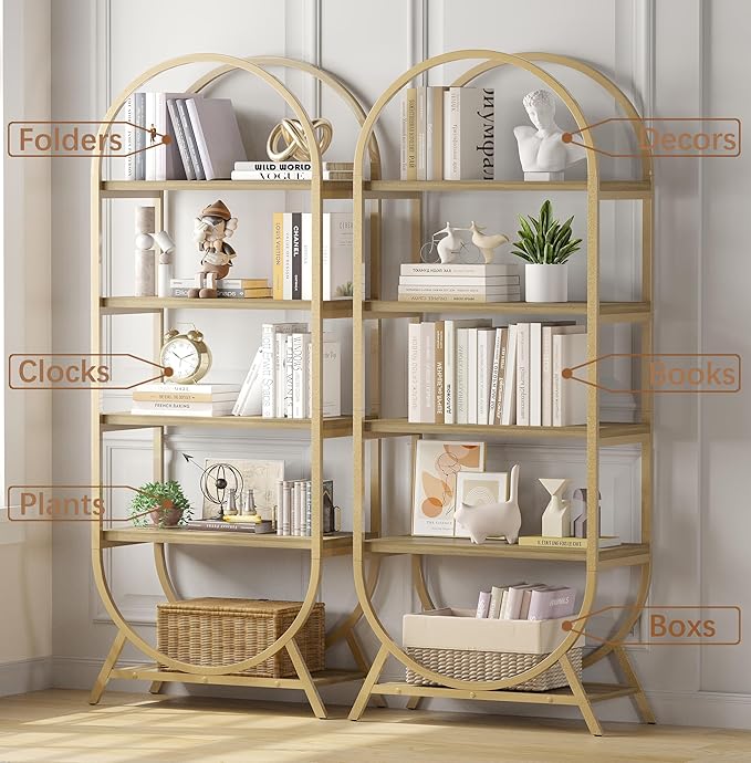 Bookshelf Arched Bookcase Set 2, 5 Tier Open Freestanding Display Shelf for Home Office, Living Room, Gold & Nature Wood