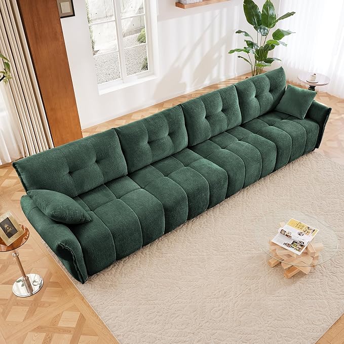 Modern Chenille Fabric 4-Seat Sofa w/ 2 Pillows, Premium Upholstery Living Room Couch with Tufted Backrest & Comfortable Armrests and High-Resilience Memory Foam Cushions,Green