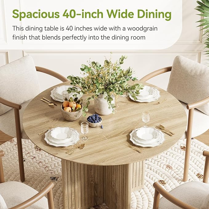 LITTLE TREE Round Dining Table for 4-6 People, Modern Wooden Kitchen Table with Pedestal Base, Small Dinner Table for Dining Room, Kitchen, Living Room