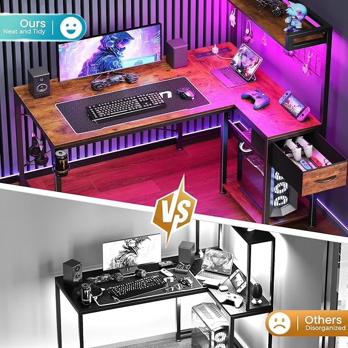PRAISUN L Shaped Gaming Desk with Shelves, Corner Computer Table with LED Lights, Power Outlets and USB-C Ports, 42 Inch Reversible Home Office Desk with Storage Drawer, Work and Study, Rustic Brown