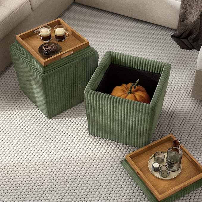 Furniture of America Lennox Modern Chenille 17-inch Square Storage Ottoman with Reversible Tray Top, Upholstered Footstool for Living Room, Bedroom, Entryway, Green