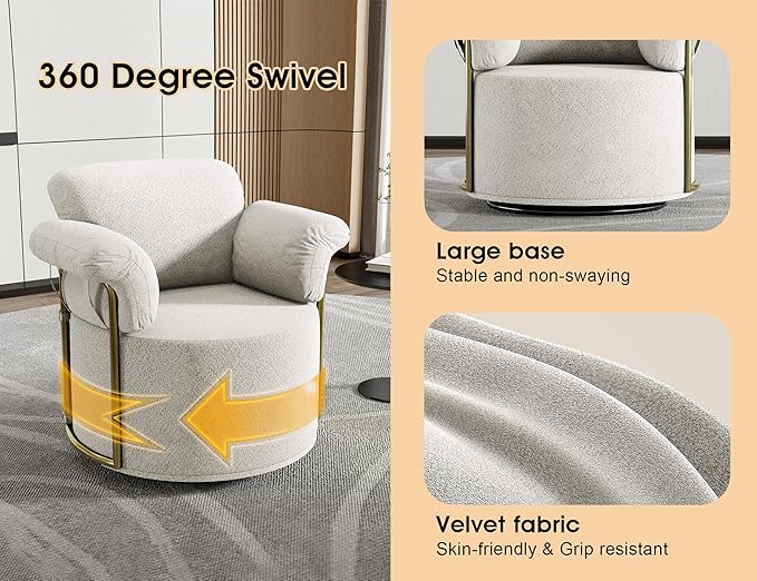 KEIKI Modern Comfy Swivel Accent Reading Chair, 360°Round Upholstered Barrel Armchair Single Club Lounge Sofa Chairs for Living Room,Bedroom, Office,Beige