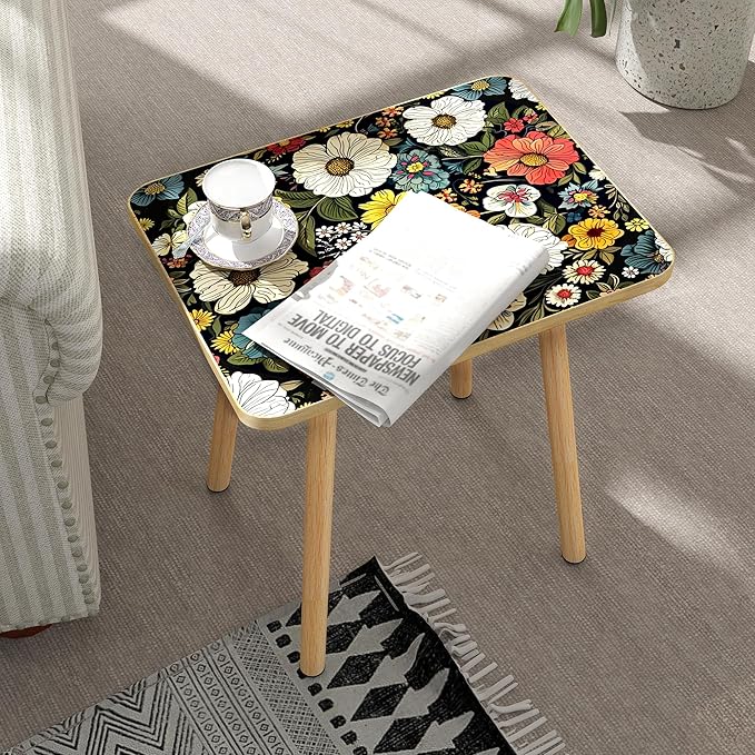 Mandala Small Rectangle End Table, Side Table with Colorful Flowers Finish, Retro Modern Small Coffee Table for Balcony, Living Room(11.8" D x 15.7" W x 17" H, Colorful, Rectangle)