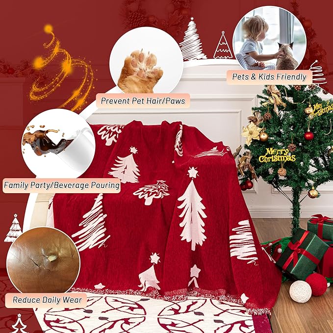 MYSKY HOME 71X134 inches Sofa Christmas Couch Cover, Sectional Sofa Covers Sofa Slipcover for 3 Cushion Couch, L Shape Couch Covers for Dogs, Kids, Washable Sofa Blanket, Furniture Protector, Red
