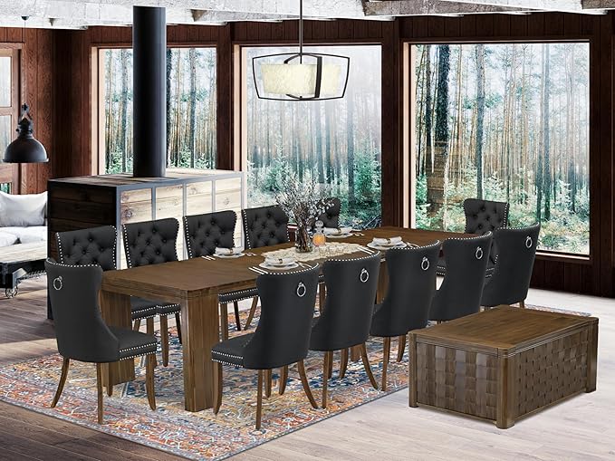 X12DA-0C8-12 14-Pc Mid Century Dining Set includes an Extendable Rectangle Kitchen Table, 1 Coffee Table and 12 Polyester Fabric Dining Chairs, 39x120 Inch, Antique Walnut