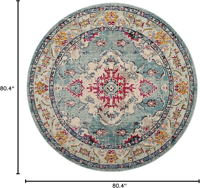 SAFAVIEH Monaco Collection Area Rug - 6'7" Round, Light Blue & Fuchsia, Boho Chic Medallion Distressed Design, Non-Shedding & Easy Care, Ideal for High Traffic Areas in Living Room, Bedroom (MNC243J)