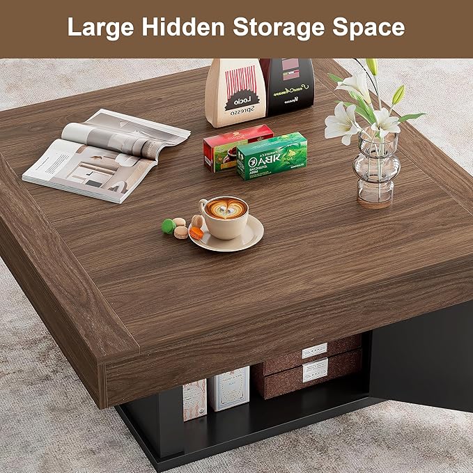 LED Coffee Tables for Living Room, Farmhouse Wood Coffee Table, 33.5" Square Coffee Table with Storage, Large Vintage Brown Center Table, Living Room Tables Cocktail Table (Vintage Brown)