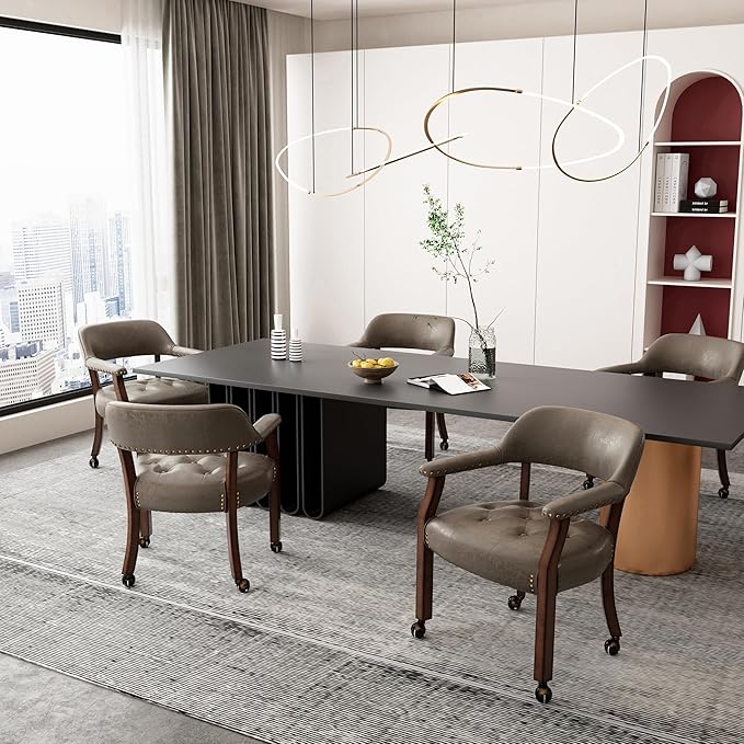 LEEMTORIG Large Dining Chairs with Casters and Arms, Rolling Dining Chairs with Wheels, Poker Chairs, Solid Wood Office Desk Chairs, 26"D x 25.2"W x 31.5"H, Cherry Legs & Dark Brown Fabric SY-1533-DK