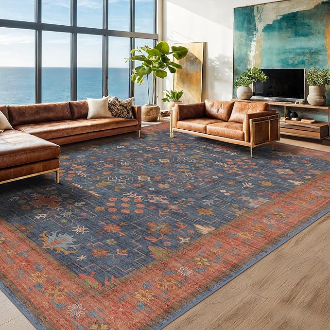 Dining Room Rugs for Under Table - 7x9 Washable Area Rug for Living Room, Low Pile Non-Slip Rugs for Bedroom - Navy Blue Vintage Boho Unique Home Decor