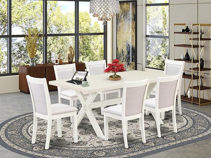 East West Furniture X027MZ001-7 7 Piece Modern Dining Table Set Consist of a Rectangle Wooden Table with X-Legs and 6 Cream Linen Fabric Parson Dining Chairs, 40x72 Inch, Multi-Color
