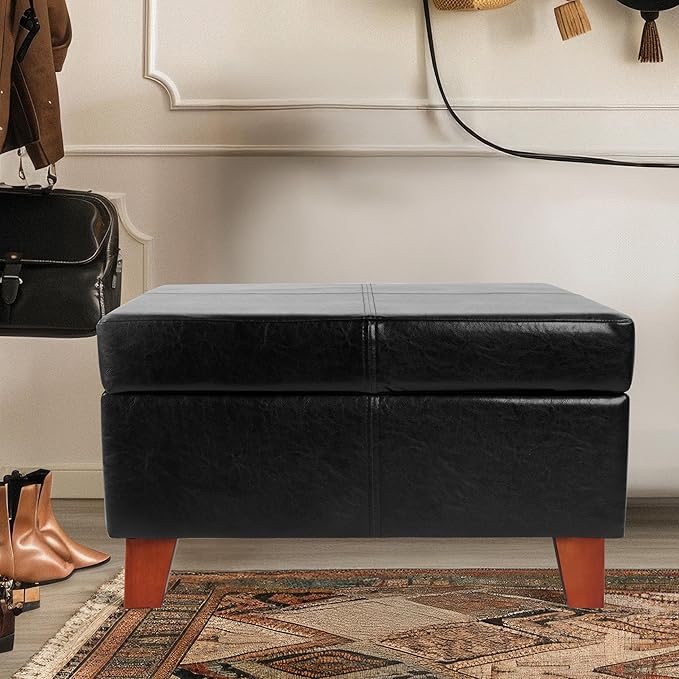 Homepop Home Decor |K2380-E169 | Luxury Large Faux Leather Square Storage Ottoman | Ottoman with Storage for Living Room & Bedroom, Black