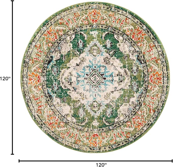 SAFAVIEH Monaco Collection Area Rug - 10' Round, Forest Green & Light Blue, Medallion Distressed Design, Non-Shedding & Easy Care, Ideal for High Traffic Areas in Living Room, Bedroom (MNC243F)