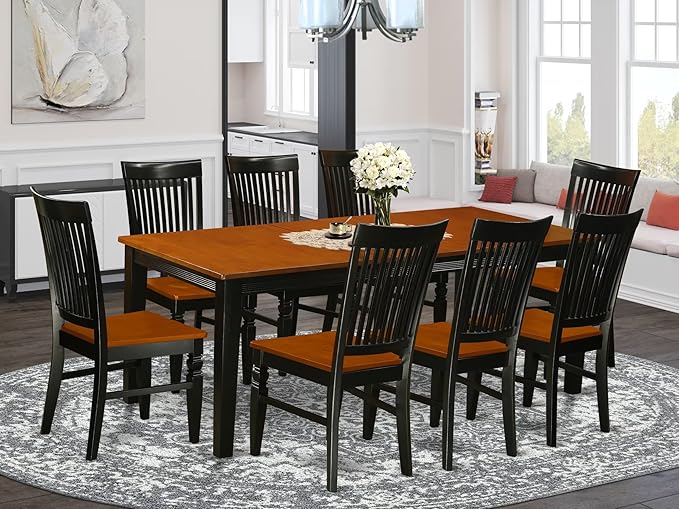 East West Furniture QUWE9-BCH-W 9 Piece Dining Room Table Set Includes a Rectangle Wooden Table with Butterfly Leaf and 8 Kitchen Dining Chairs, 40x78 Inch, Black & Cherry