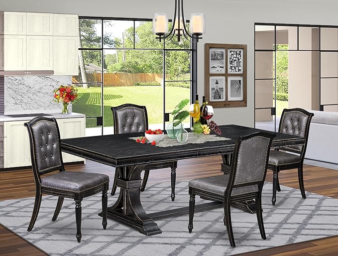 LEMA5-SBB-34-5-Piece Modern Dining Set Consists of a Dining Table and 4 Dark Grey Polyester Fabric Dining Chairs with Button Tufted Back - Sand Blasting Black Finish