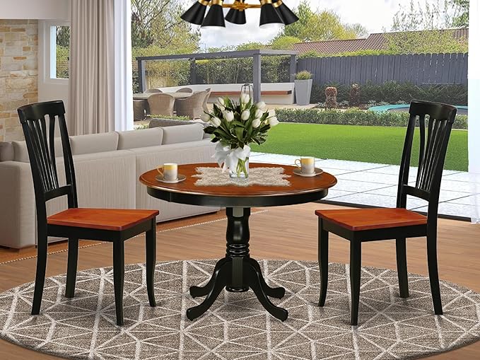 East West Furniture HLAV3-BCH-W 3 Piece Kitchen Table & Chairs Set Contains a Round Dining Table with Pedestal and 2 Dining Room Chairs, 42x42 Inch, Black & Cherry