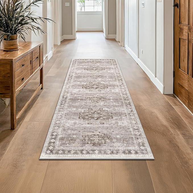 Boho 2x7 Long Runner, Neutral Farmhouse Bedside Rug, Small Throw Runners for Bedroom Hallway Bathroom Kitchen, Vintage Floral Decor & Non-Slip Low-Pile Washable Stain Resistant Beige Latte Rug