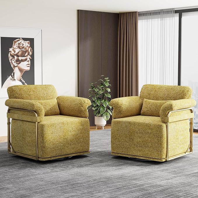 KEIKI Modern Comfy Swivel Accent Reading Chair with Waist Pillows, 360°Square Upholstered Barrel Armchair Single Club Lounge Sofa Chairs for Living Room,Bedroom,Office,Yellow
