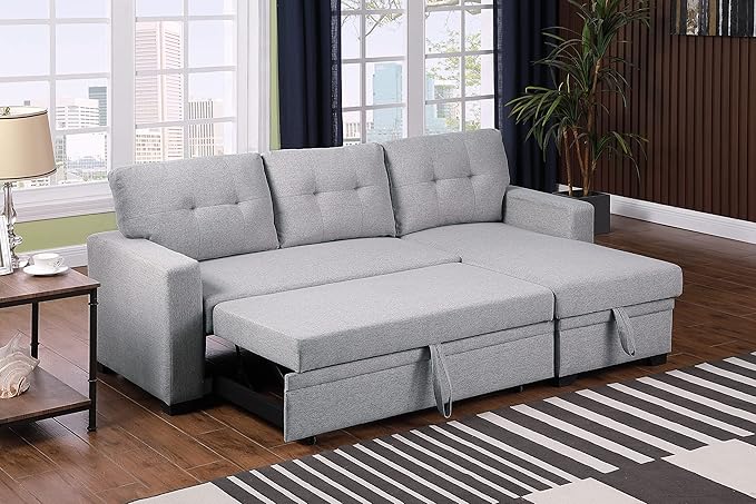 Devion Furniture Meridian 4-in-1 Convertible L Shaped Couch with Pull Out Bed and Storage, Sectional Sleeper Sofa with Reversible Chaise for Living Room, Apartment, Bedroom, Office