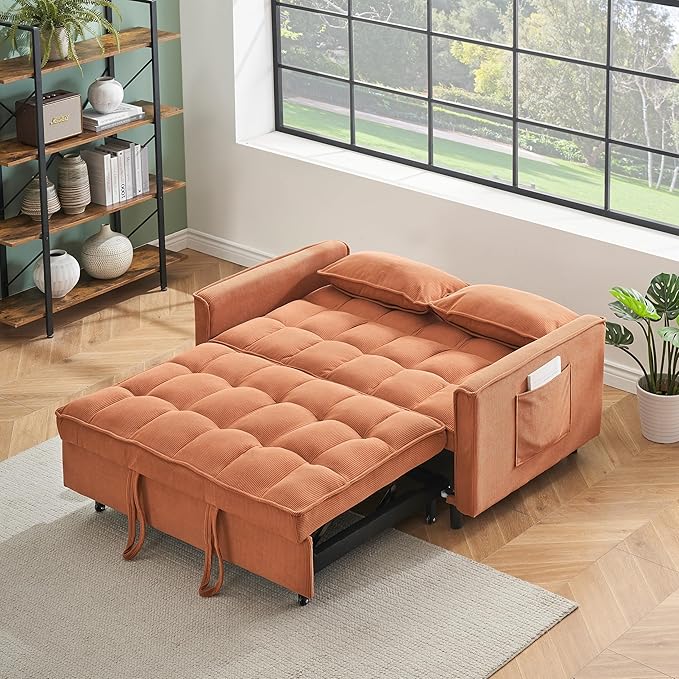Ball & Cast Convertible Sofa Bed,Loveseat Sleeper Sofa W/Pull-Out Bed,Convertible Pull Out Couch W/2 Pillows,Adjustable Backrest&Side Pocket,Corduroy Futon Couches for Living Room,Apartment,Orange,54"