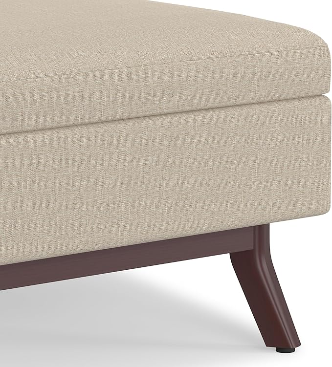 SIMPLIHOME Owen 34 inch Wide Mid Century Modern Rectangle Coffee Table Storage Ottoman in Natural Linen Look Fabric, Assembled, for the Living Room, Entryway and Family Room