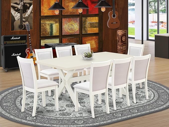 East West Furniture X027MZ001-9 9 Piece Modern Dining Table Set Includes a Rectangle Wooden Table with X-Legs and 8 Cream Linen Fabric Upholstered Chairs, 40x72 Inch, Multi-Color