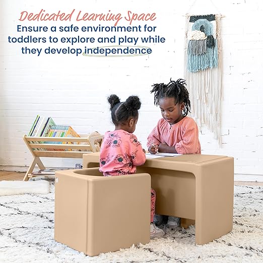 ECR4Kids Tri-Me Table and Cube Chair Set, Multipurpose Furniture, Sand, 3-Piece