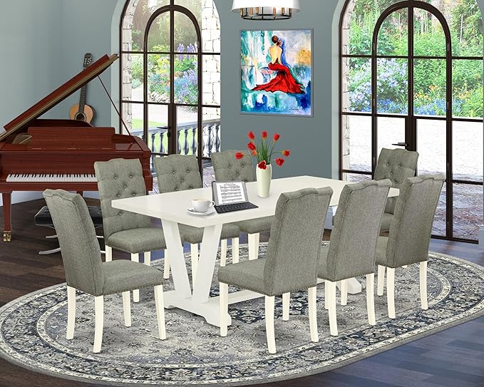 East West Furniture V027EL207-9 9 Piece Dining Room Set Includes a Rectangle Kitchen Table with V-Legs and 8 Gray Linen Fabric Upholstered Parson Chairs, 40x72 Inch, Multi-Color