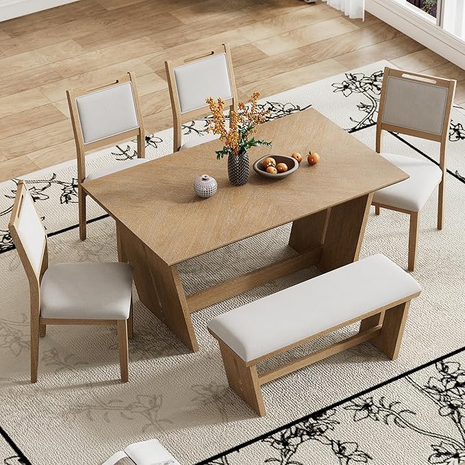 Ball & Cast 6-Piece Dining Table Set for 6 People, 60" Wood Dining Kitchen Table & Chairs Set, Rectangular Dining Room Table with Trapezoidal Base,4 Upholstered Chairs & 1 Bench, Kitchen, Espresso